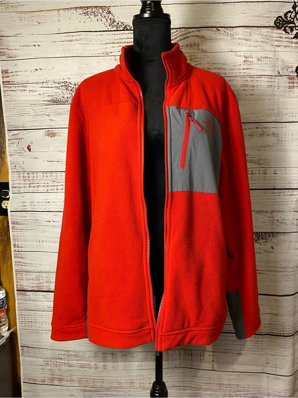 The North Face Red Fleece Jacket with Gray Chest Panel Sz-L
